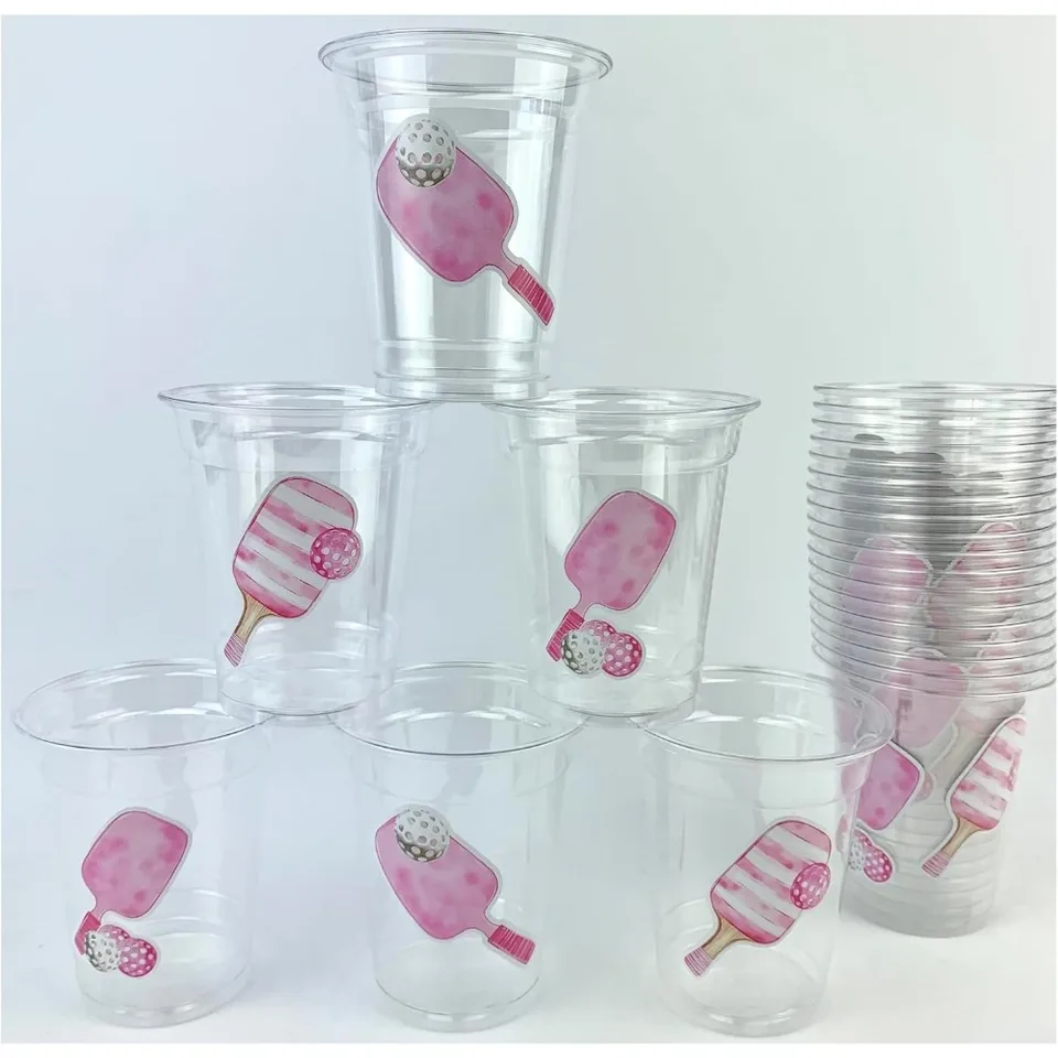 Pink Pickleball Party Cups 12 Ounce Disposable Set