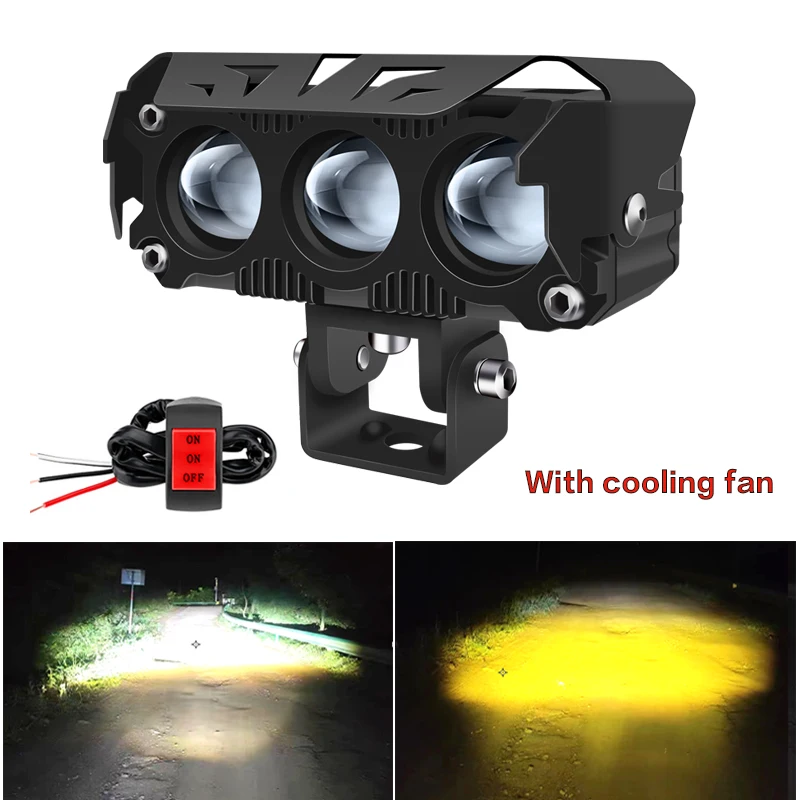

2PCS Motorcycle LED Spotlight Hi/Low Beam Mini Driving Light Projector Lens Spot Fog Dual Color with Fan Auxiliary LED Headlight