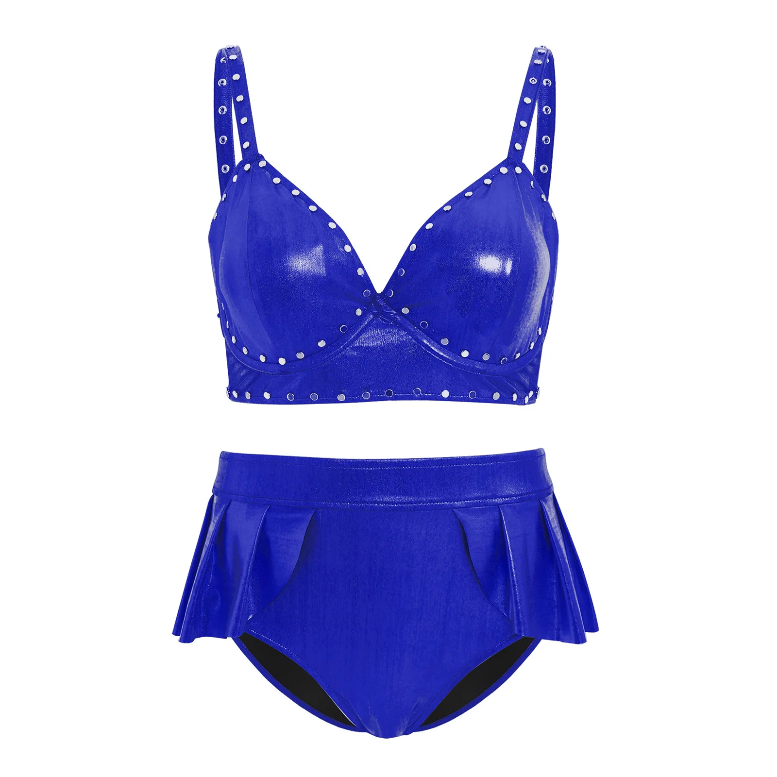 Womens Nice Metallic Shiny Swimsuit Padded Underwire Rivets Decorated Bikini Camisole Bra Tops And Briefs 2-piece Bathing Suit