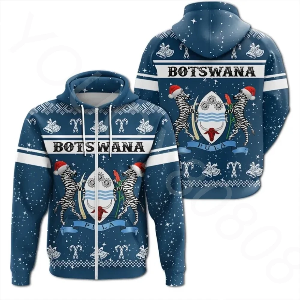 

African Region Country Hoodie Men's Sweater 3D Printing Simple Retro Botswana Casual Hooded Zip Shirt Christmas