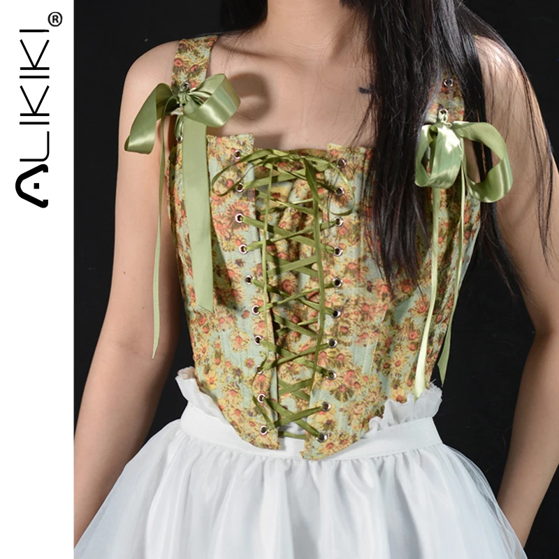 

French Orchids Corset Top Renaissance Overbust Corset Bodice Victorian Princess Crop Top Summer Y2k Bustier