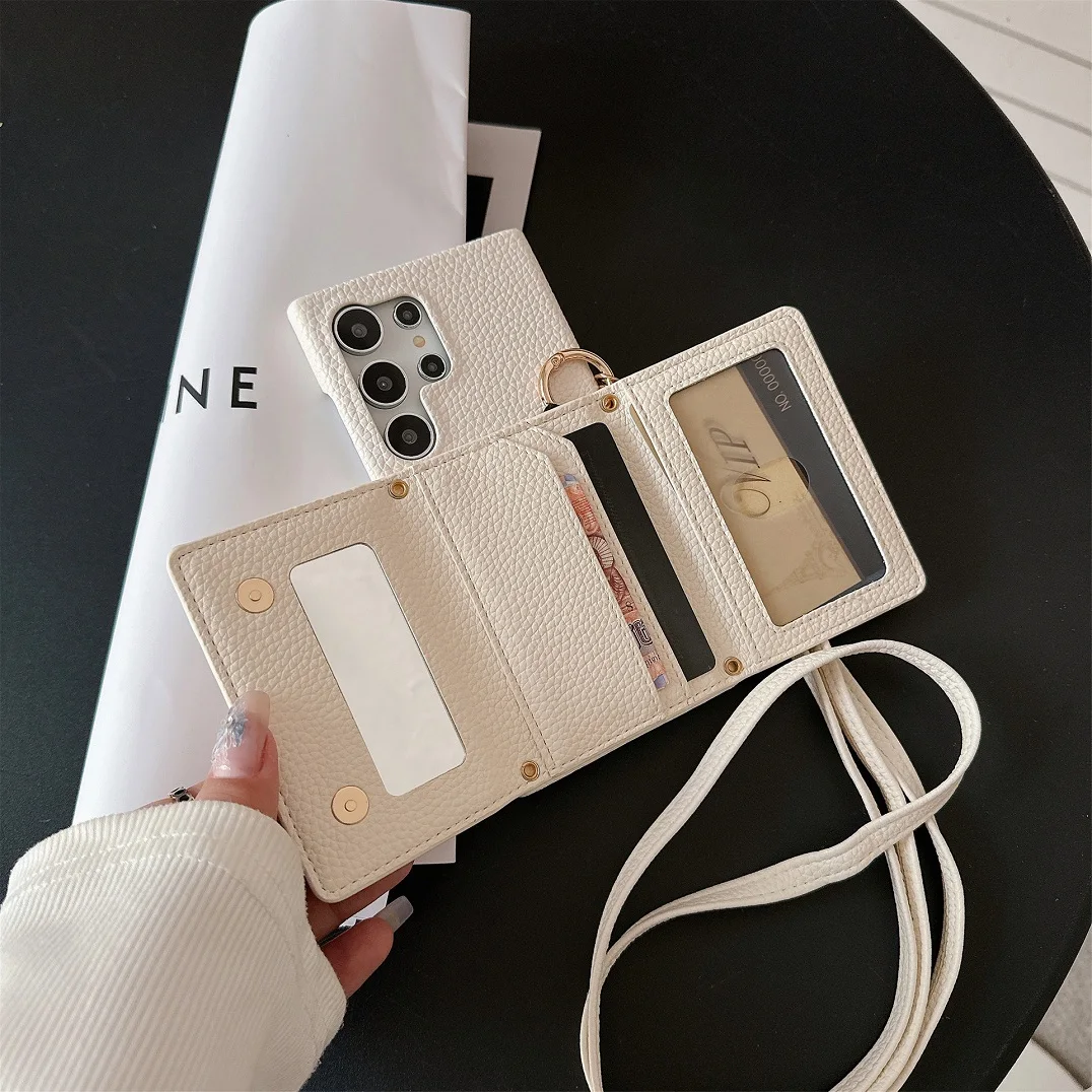 Luxury Crossbody 3D Grid Leather Card Slot Wallet Case with Mirror Makeup Cover