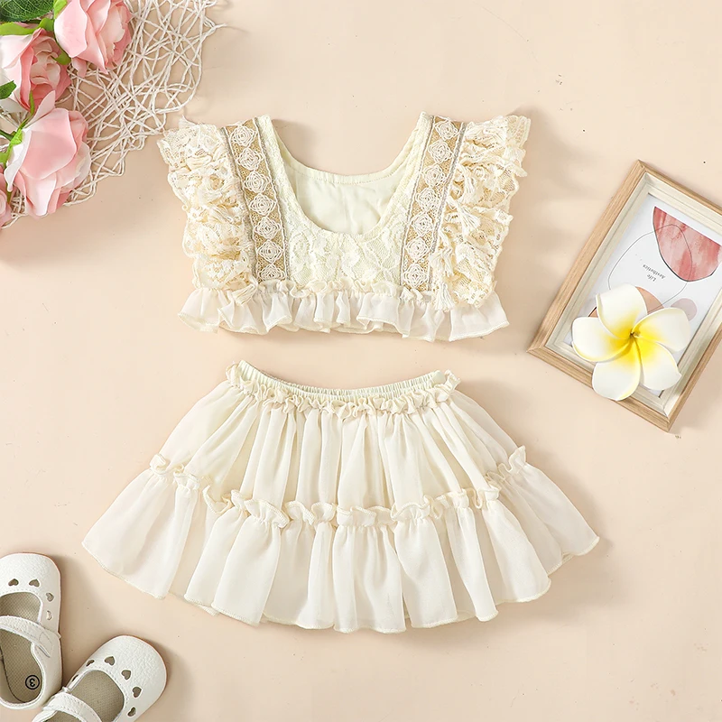 

Infant Baby Girls 2pcs Princess Outfits Set Lace Floral Ruffle Tank Top Elastic Tutu Skirt Set Toddlers Summer Clothes