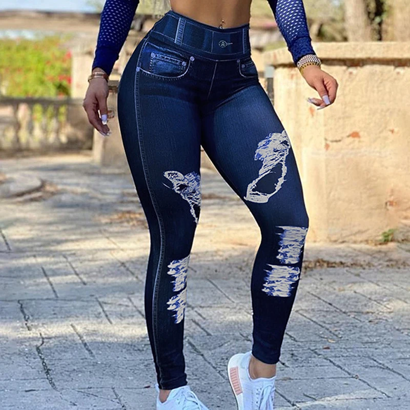 Mulheres leggings 2022 moda falso jeans leggings sexy longo bolso impressão  leggins outono casual calças de yoga