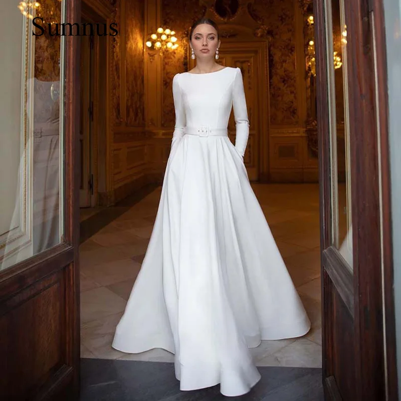 

White Satin Arabic Wedding Dress Long Sleeve With Belt O Neck Lace Appliques Bridal Dresses Pocket A Line Dubai Wedding Gowns