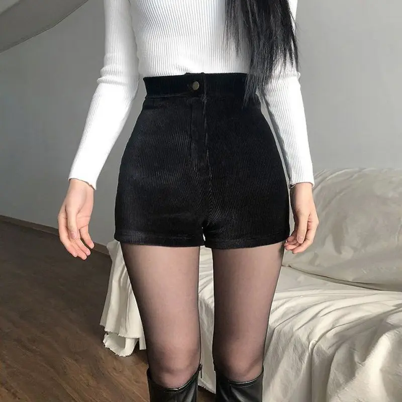 Spring Autumn New High Waist Black Slim Shorts Solid Zipper Corduroy Sexy A-line Shorts Fashion Street Casual Women Clothing