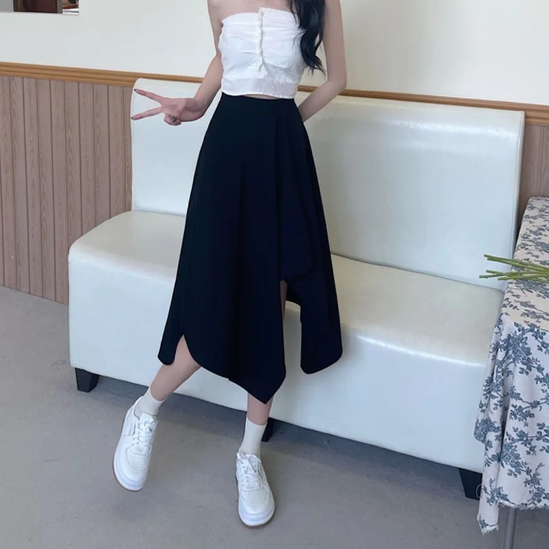 Black Irregular Skirt Women Spring Summer High Waist Thin Mid-length Umbrella Skirts Plus Size Bottoms Vintage Y2k Clothes