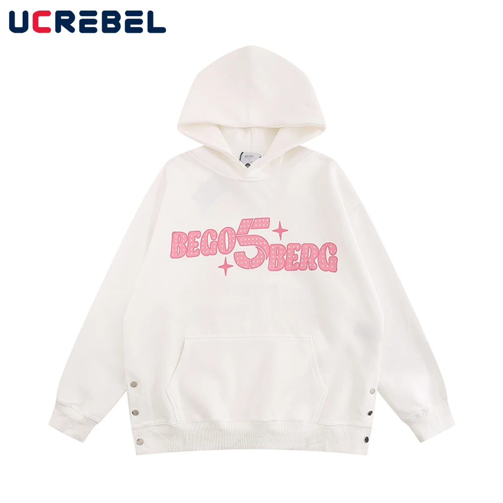 

Letter Print Loose Drop Shoulder Hoodies Mens Autumn Thin Casual Side Breasted Streetwear Hooded Sweatshirts Men