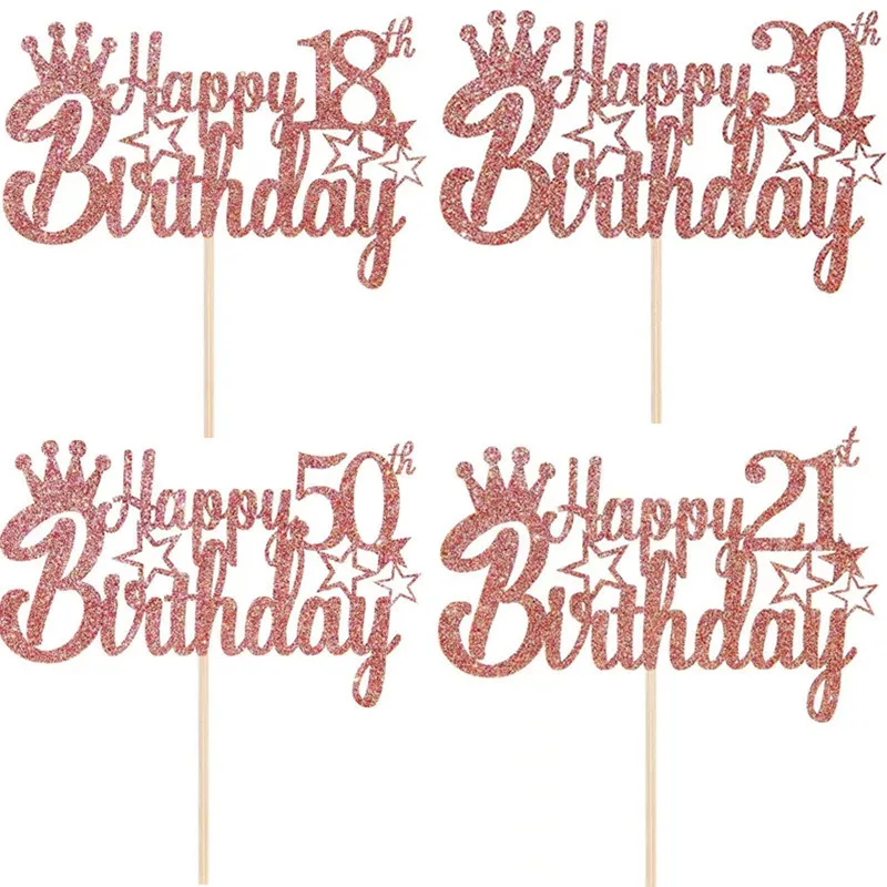 Glitter Rose Gold Happy 20 Year Birthday Number Star Cake Toppers 20th Birthday Cake Decorations Girls Party Decor
