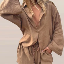 Casual Loose Sports Suit 2022  Women 2 Piece Fashion Solid Lapel Single Breasted Shirt + Shorts New Spring Summer Lady Suit