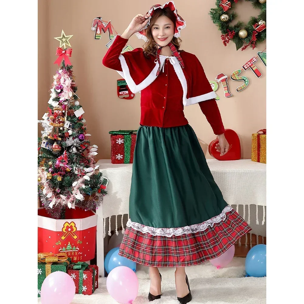 

Christmas Shawl Plaid Fluff Dress Set Santa Party Costume Christmas Long Dress for Women Christmas Stage Show Dress