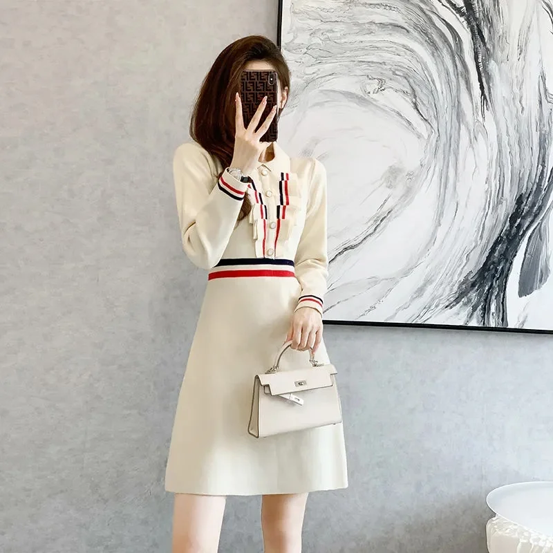 

2023 New Women's Light Wind Temperament Popular Splicing Knit Sweater Female Autumn Medium Length Style Slim Dress jumper Women