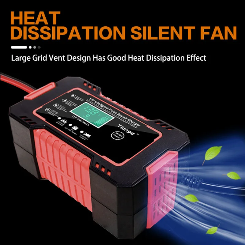 Smart LCD Display Car & Motorcycle Battery Charger with Pulse Repair - 12V 6A Lead-Acid, AGM, Deep Cycle & GEL Fast Charging