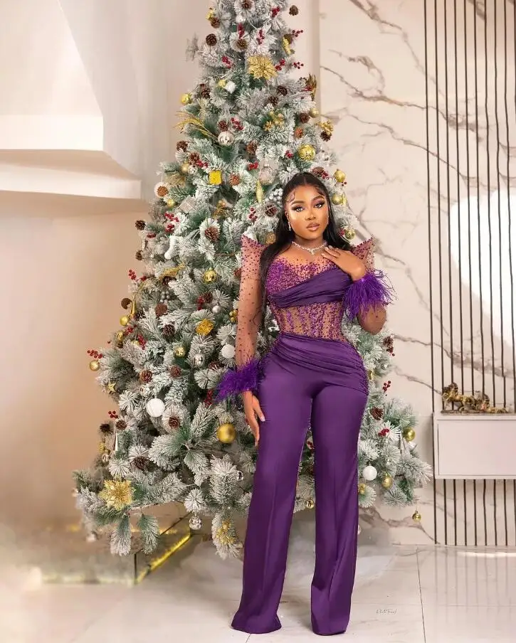 Arabic Aso Ebi Purple Jumpsuits Prom Dresses Beaded Feather Illusion Long Sleeve African Evening Gown with Pant Suit Plus Size