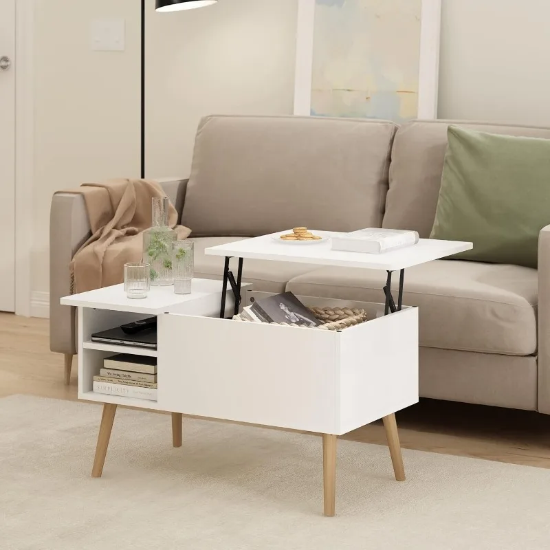 Jensen Wooden Leg Lift Top Coffee Table with Hidden Compartment and Side Open Storage Shelf 6
