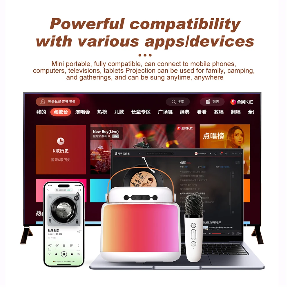 Portable Wireless Dual Microphones Karaoke Machine Bluetooth PA Speaker KTV DSP System HIFI Stereo Sound RGB Colorful LED Lights