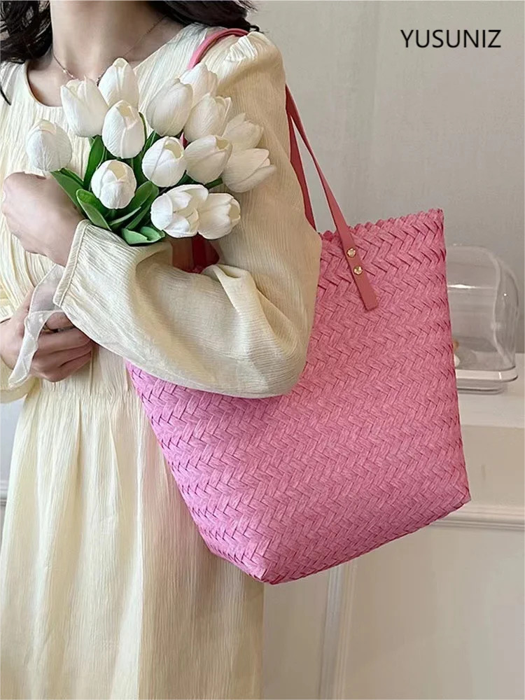 

YUSUNIZ New Fashion Lady Woven Hand Bag Portable Basket Bag Women's Bag Holiday Beach Bag Leisure Picnic Bucket Bag Hand Gifts