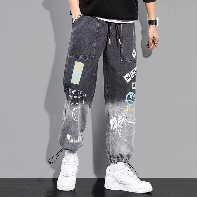 Autumn KPOP Fashion Style Harajuku Slim Fit Trousers Loose All Match Casual Graffiti Pants Leggings Jeans Printed Pockets Pants