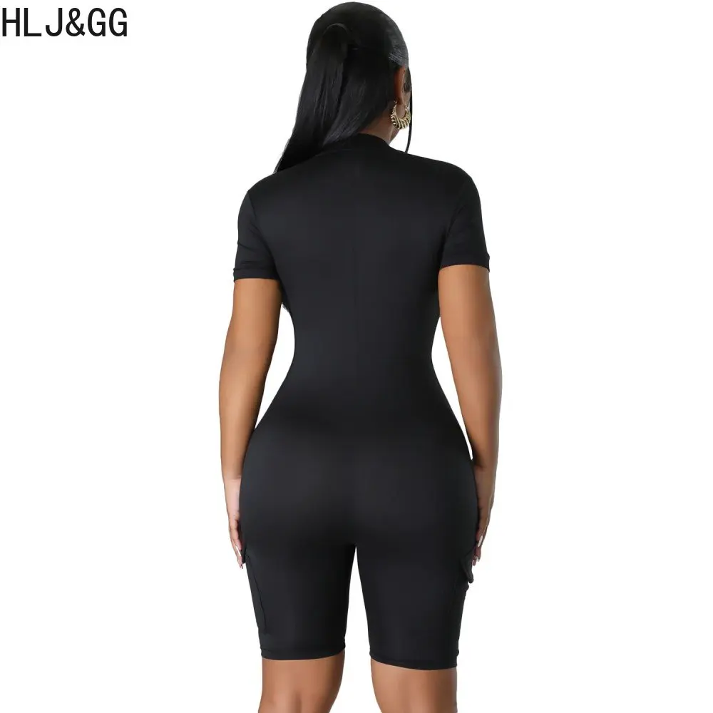 HLJ&GG Sexy Zipper Bodycon Rompers Women Deep V Skinny Shorts One Piece Jumpsuits Summer Casual Solid Color Jogger Overalls 2023