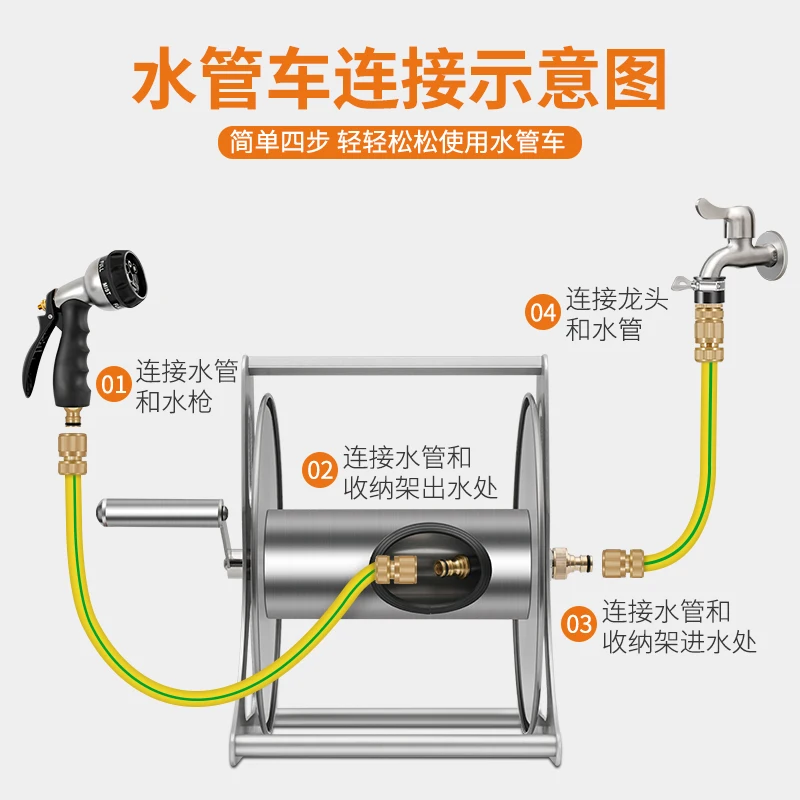 Wall Mount Portable Water Hose Reel Heavy-Duty Stainless Steel Garden Irrigation Systems Holder Hose Trolleys Wash Pipe Rack