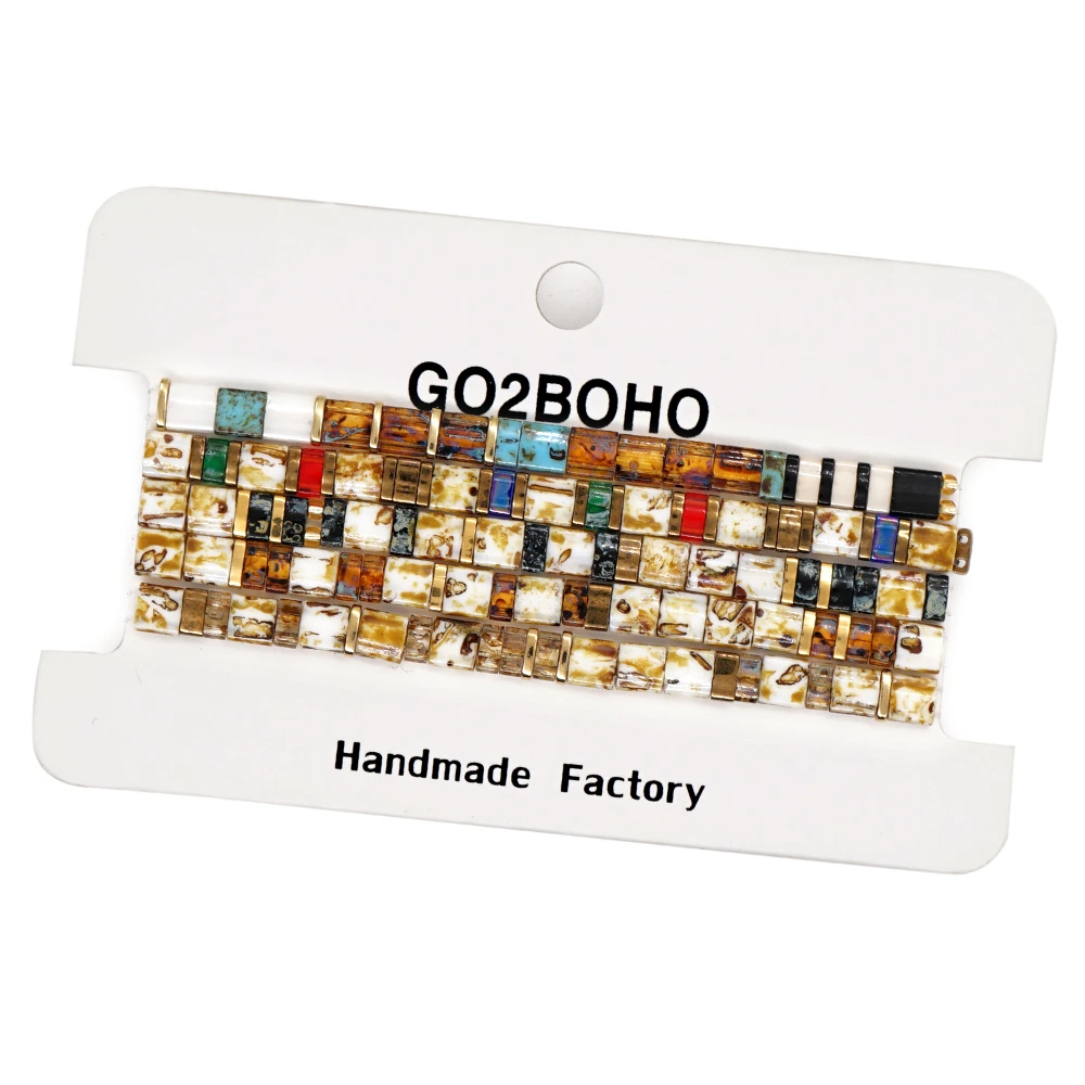 Go2BoHo Japanische Miyuki Tila-Fliesen-Perlenarmbänder, böhmischer Modeschmuck, mehrfarbig, 5-Stapel-Stretch-Set für Frauen – Detail 1