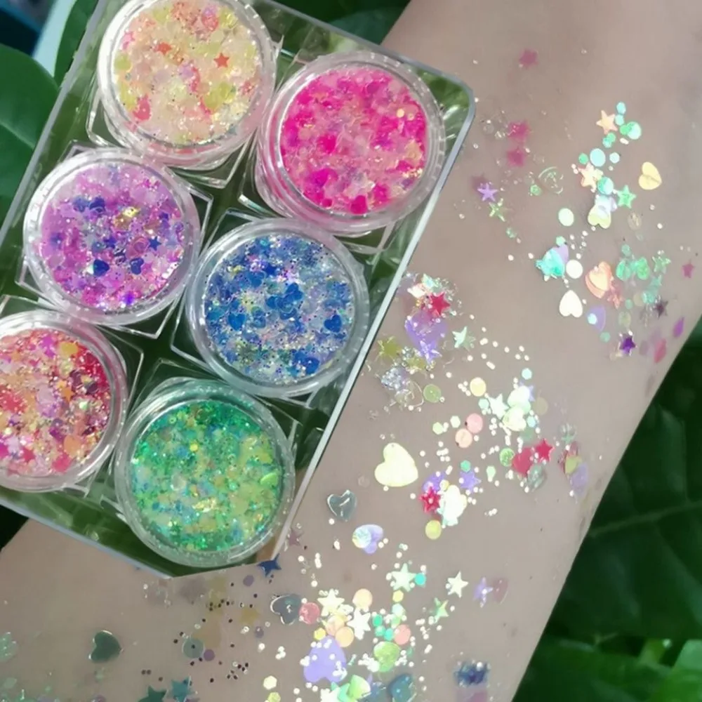 thumbnail image 1 of 6Jars/Set Cute Colorful Eyeshadow Glitter Gel Face Hair No Glue Required Body Nail Glitter Gel Stage Heart Star Moon Sequins, 1 of 4