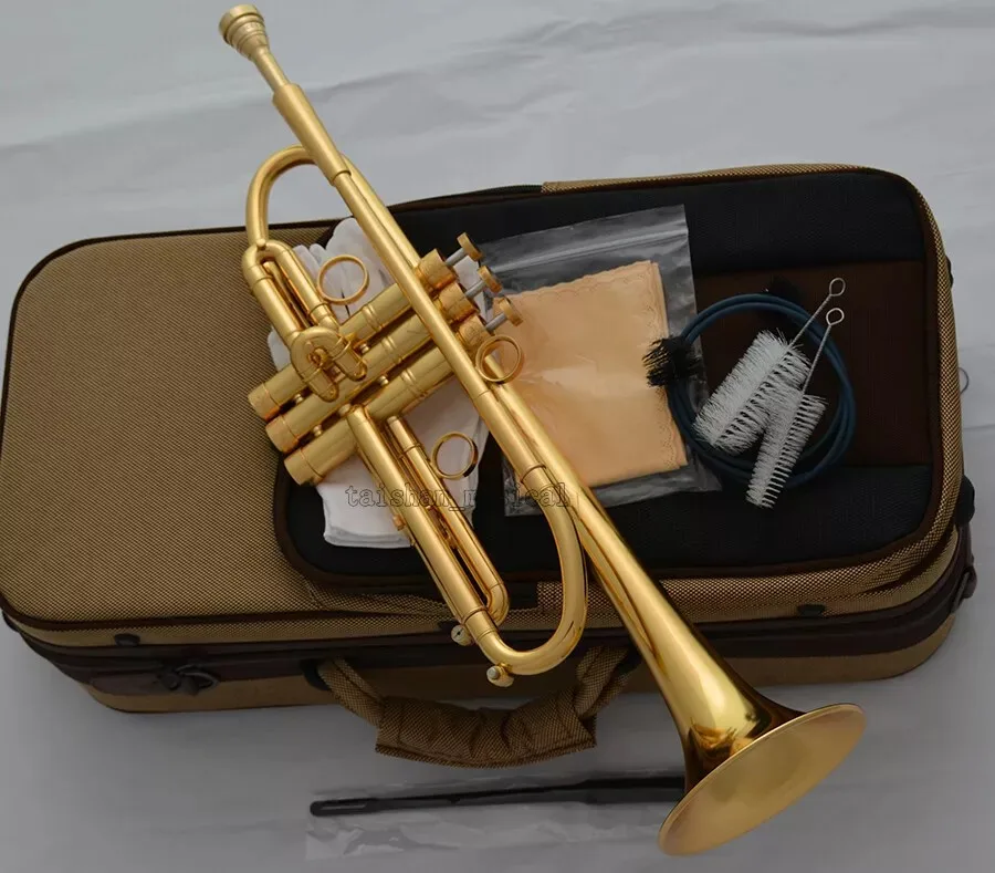 Brushed gold plated Professional Bb Trumpet Horn Monel piston With Case