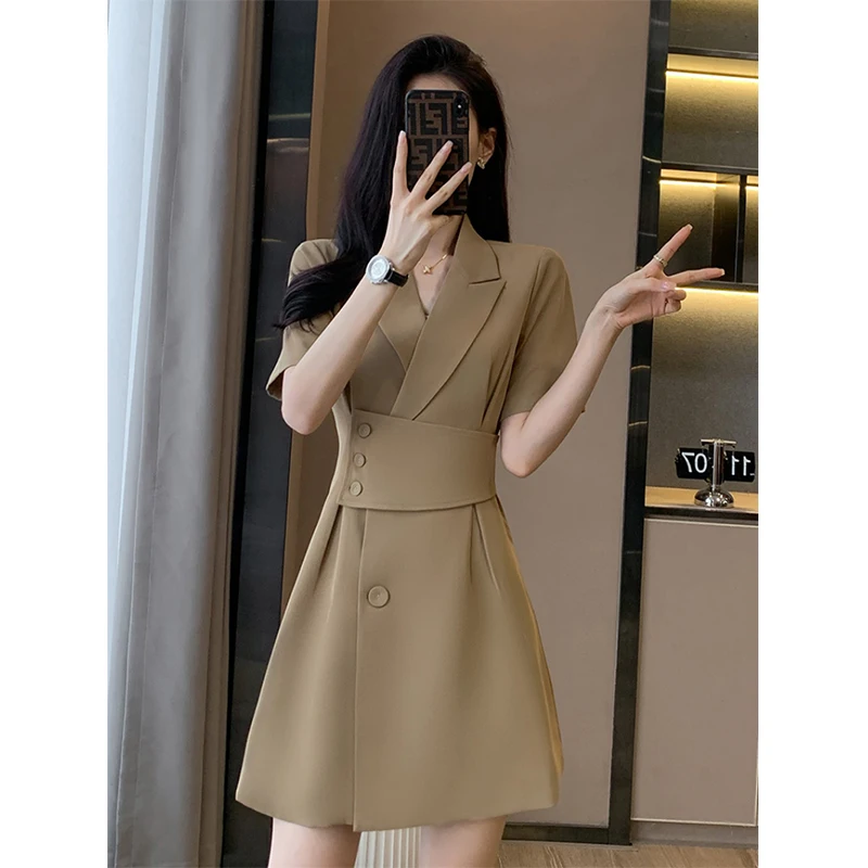 Summer New Office Lady Elegant Fashion Waist Dress Femme Short Sleeve Temperament Solid Robe Vestidos De Fiesta Women\'s Clothing