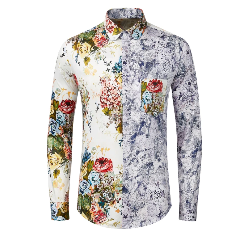 Minglu Blue Floral Digital Printed Men's Shirts Luxury Long Sleeve Four ...