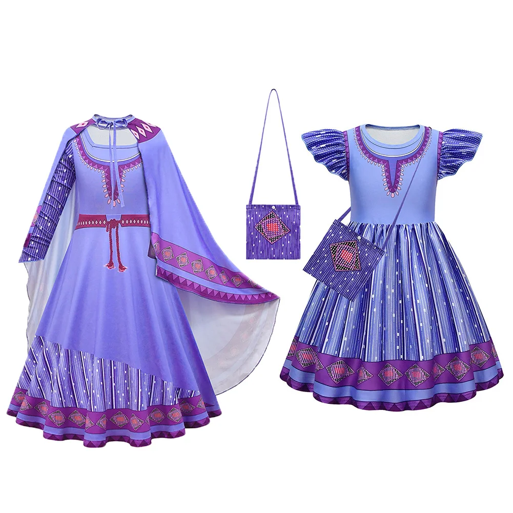 Kids Girls Asha Costume Cosplay Movie Wish Dress Mantello Bag Performance Clothes Roleplay Outfit Halloween Carnival Party Suit