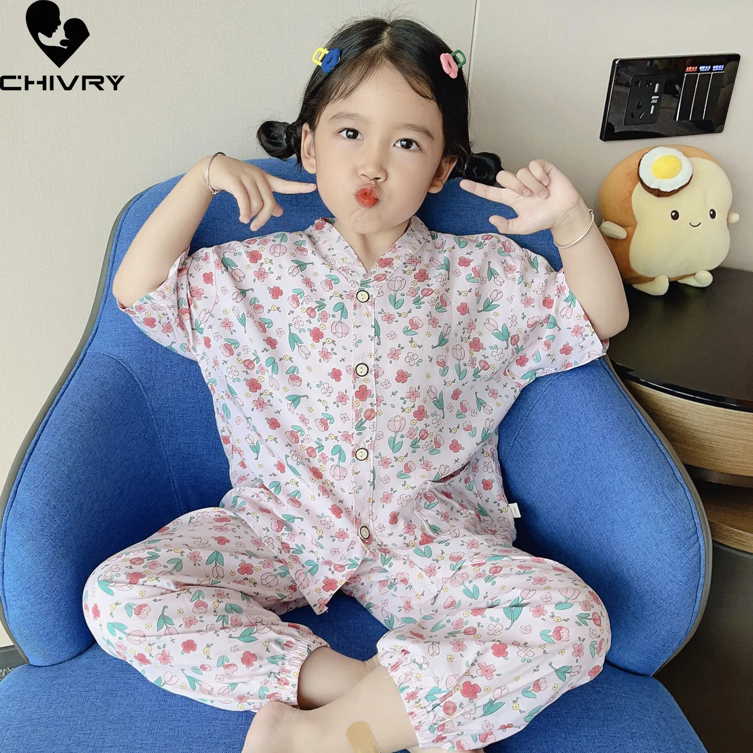 

Kids Summer Thin Clothing Sets New 2023 Boys Girls Cartoon Short Sleeve V-neck Cool Shirt Tops with Pants Baby Pajamas Homewear