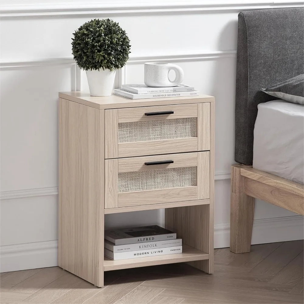 

Nightstands, 2 Drawer Rattan Bed Table Side Sturdy&Durable Natural Solid Wood Bedside Tables, Nightstands