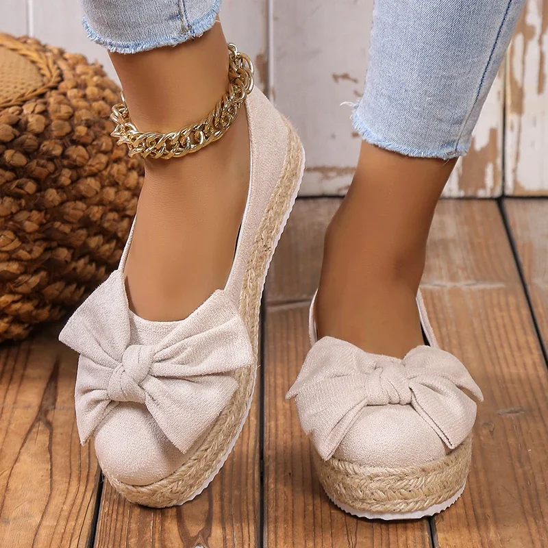 

Fashion Bowtie Shallow Loafers Women Thick Platform Slip-On Espadrilles Shoes Woman 2023 Autumn Non-Slip Flats Shoes Plus Size