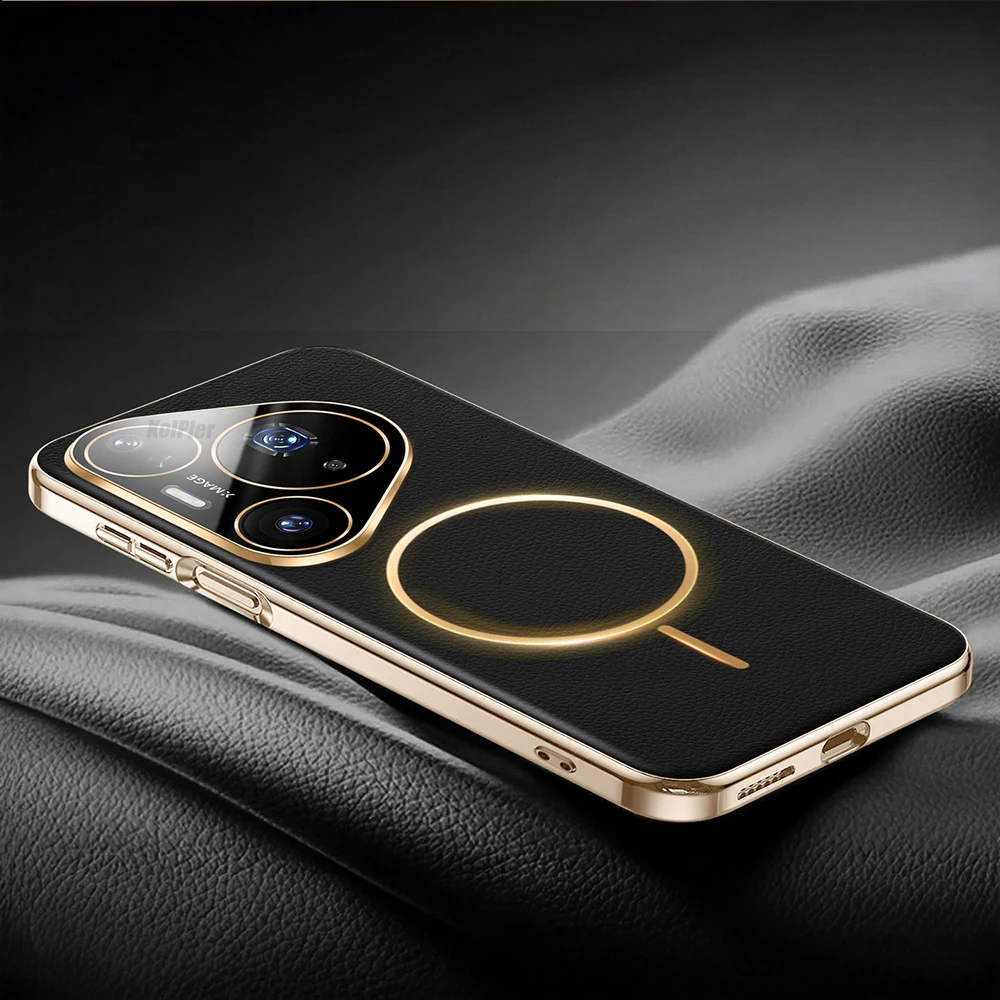 Magnetic Plating Leather Phone Case with Full Lens Protection & Wireless Charging Support