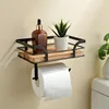 1pcs Wall-Mounted Toilet Paper Holder Solid Wood & Iron Bathroom Hotel Storage Shelf Space-Saving Roll paper Organizer 1