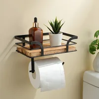 1pcs Wall-Mounted Toilet Paper Holder Solid Wood & Iron Bathroom Hotel Storage Shelf Space-Saving Roll paper Organizer 1
