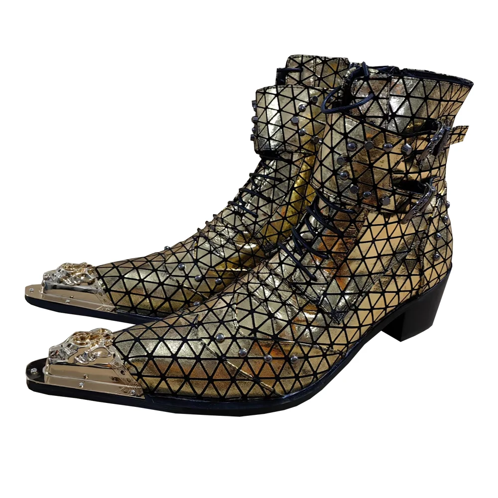 Herrenstiefel aus echtem Rindsleder mit Dreiecksmuster, Nietenverzierung, luxuriöses, individuell gestaltetes Schuhwerk für Geschäftspartys und gesellschaftliche Anlässe – Detail 8