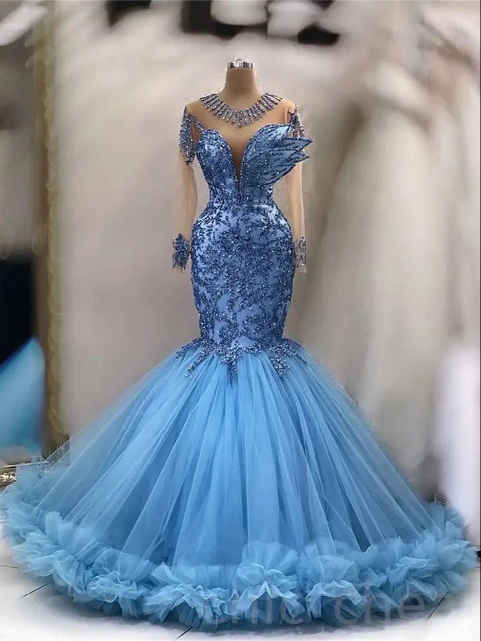 

Mermaid Prom Dresses Luxury Beaded Lace Tulle Long Sleeve Round Neck Formal Occasion Dresses Women's Birthday Party Dresses