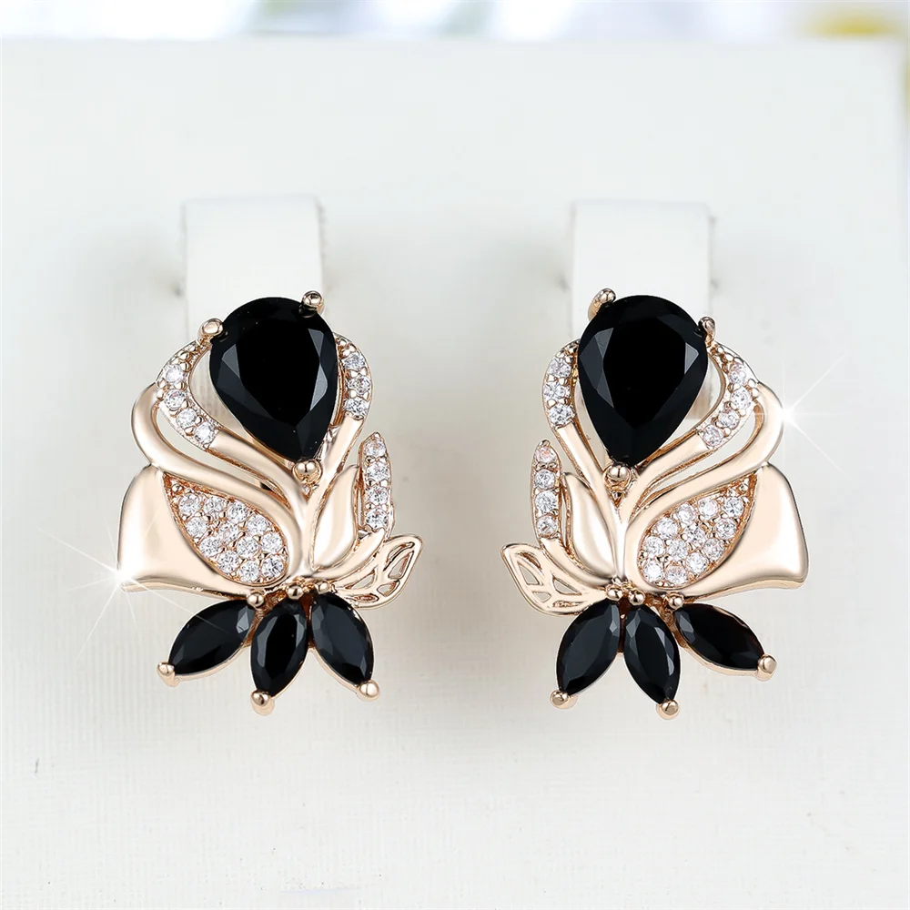 Vintage Black Crystal White Zircon Flower Hoop Earrings For Women Trendy Gold Color Ear Buckle Wedding Jewelry Engagement Gifts