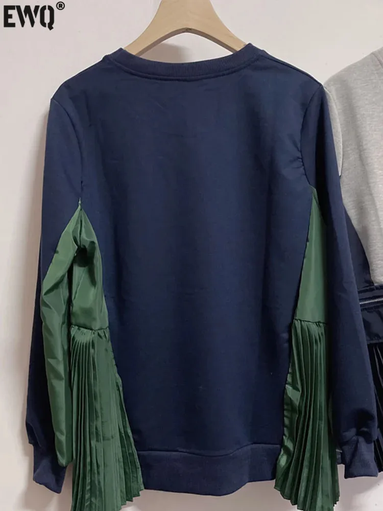 

[EWQ] Long Sleeve O Neck Contrast Color Fold Zipper Pocket Patchwork Pullover Sweatshirt Woman's Clothes Top 2023 Autumn Winter