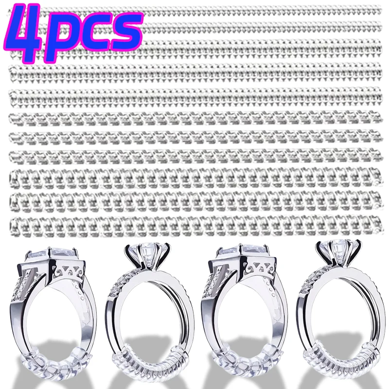 4pcs/set Transparent Ring Size Reducer Tools Spiral Spring Based Rings Adjust Invisible Tightener Resizing Tool Jewelry Guard