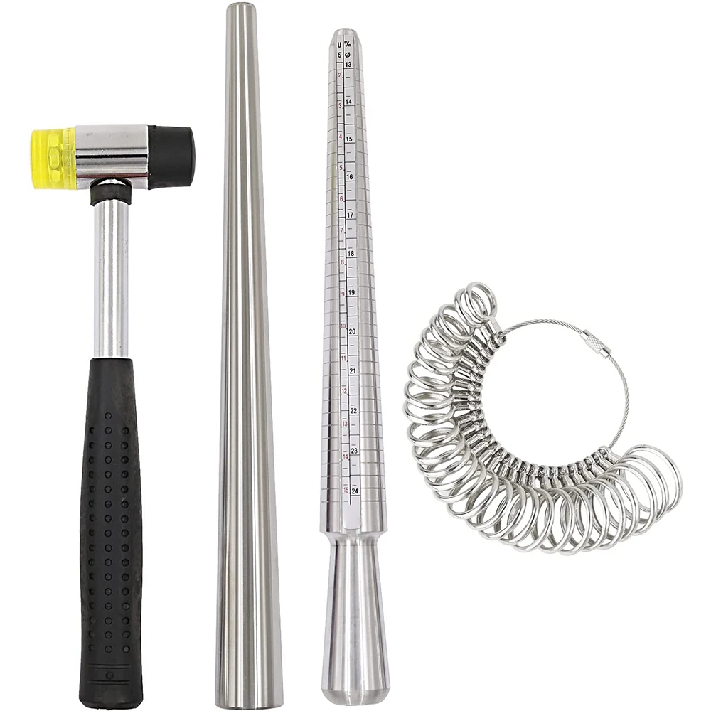 Ring Mandrel Metal Sizer Set with Jewelry Rubber Hammer Rings Size Measuring Tools Finger Gauge Stainless Steel Ring Shaper Tool 2pcs 10 sizes round multi jump ring mandrel wire looping rods forming rings tool wire wrapping mandrel for jewelry making kit