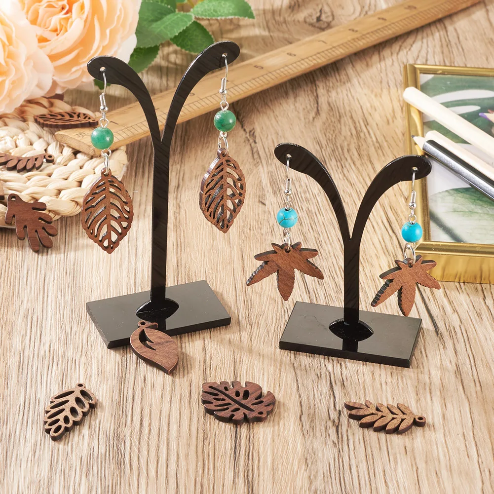 1 Box Natural Wood Pendant Earrings Leaf Geometry Shape Wooden Dangle Charms with French Ear Hook Jump Ring DIY Jewelry Making