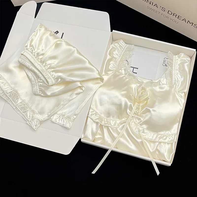 Ling Sleepwear For Women Simple Princess Style Summer Suspender Pajamas With Bra Pad Two-piece Set Thin Ruffled Home Clothes