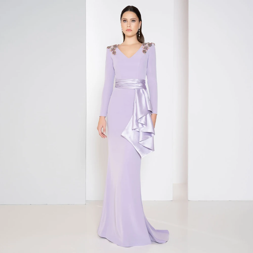 

Elegant Lilac Mermaid Mother of the Bride Dresses V Neck Long Sleeves Wedding Party Gowns Appliques Floor-Length فساتين السهرة
