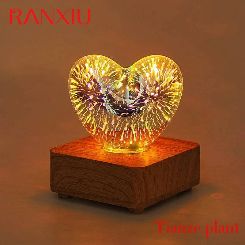 

Custom LED 3D Fireworks Light Heart Colorful Desk Lamp with Wood Base Dream Ambient Light Decor Room