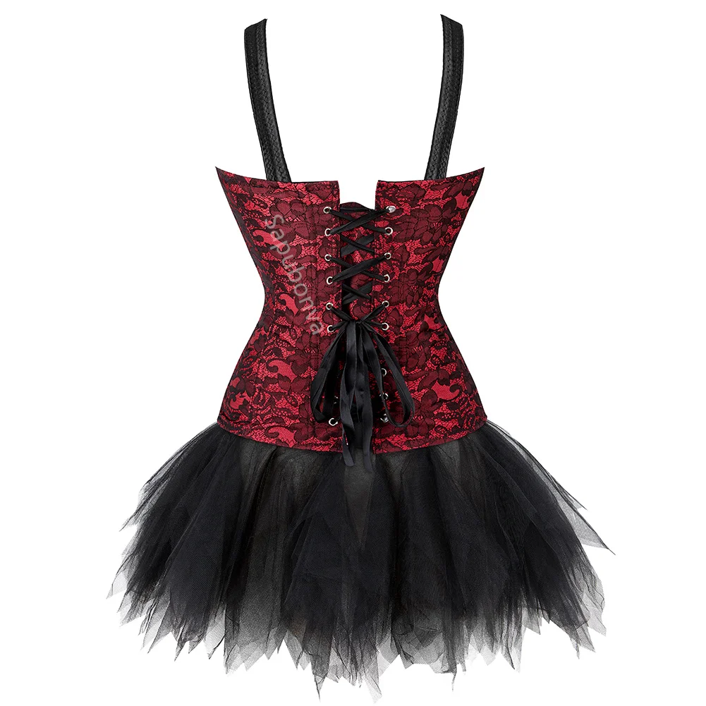 Corset Dress Skrits Top Set With Lace Strap Zipper Costume Party Sexy Burlesque Ladies Outfit Plus Size Gothic Halloween Red