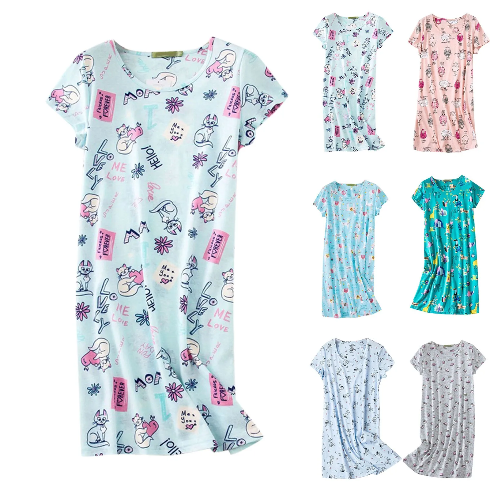 

Women's Cotton Nightgown Sleepwear Short Sleeves Shirt Casual Print Sleepdress Big Sleep Shirt