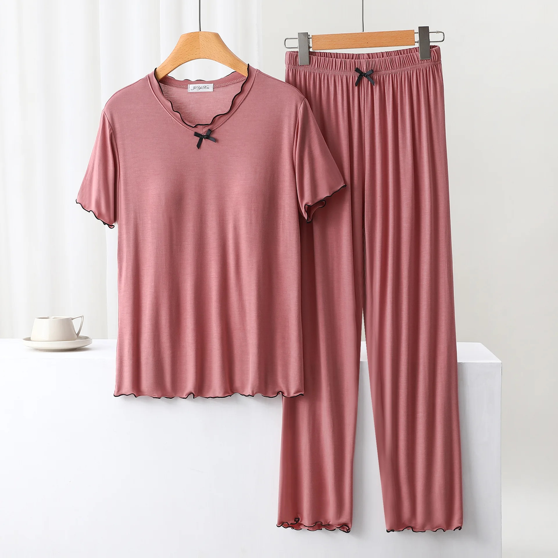 Loose Short Sleeve Sleepwear T-shirt Trousers Sets Summer Women Chest Pad Pajamas Set  Home Wear Conjuntos De Pijama Feminino