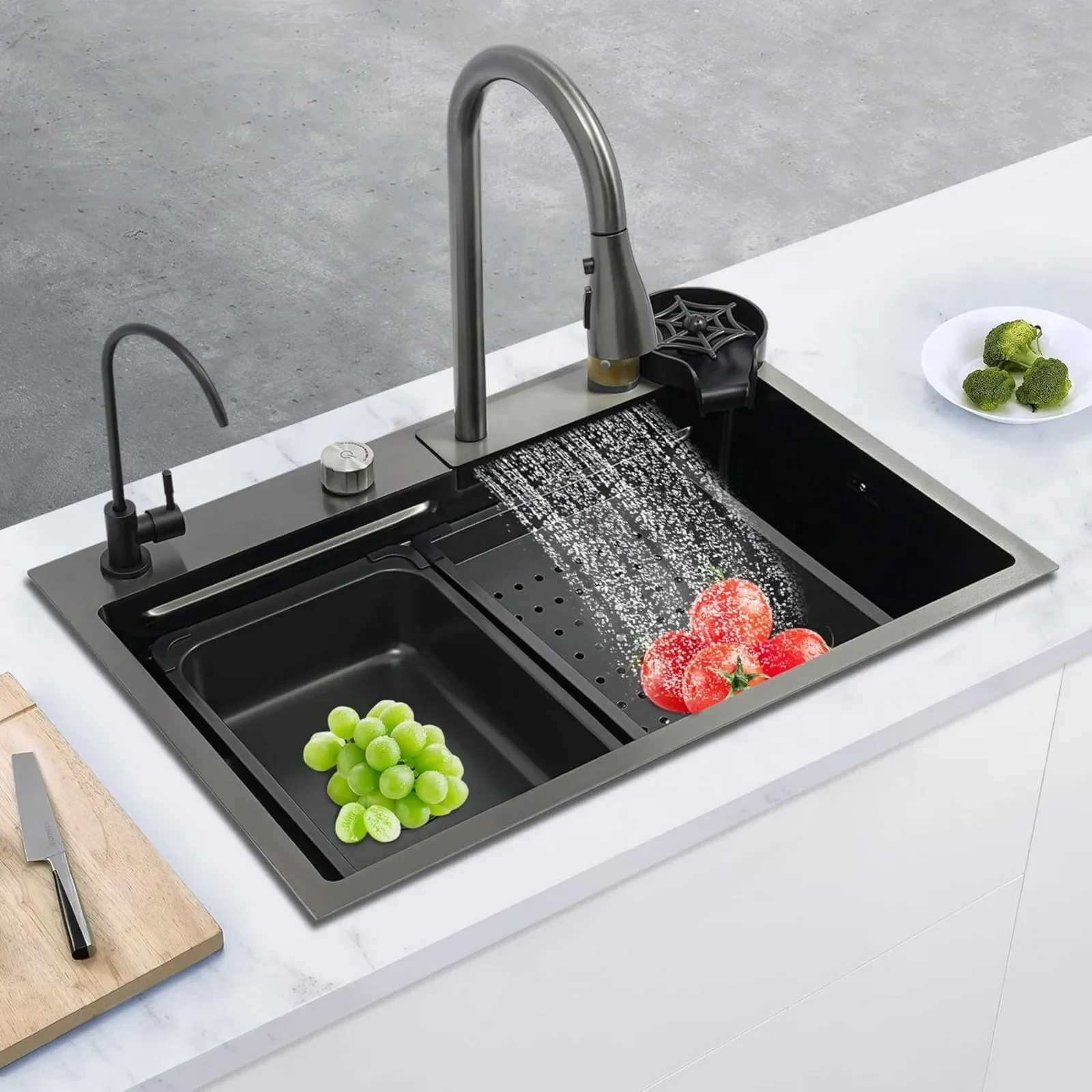 BYMAOCAR Stainless Steel Sink, Kitchen Sink with Extendable Tap, Household Sink Set, Stainless Steel Waterfall Sink 68x45 x21 cm